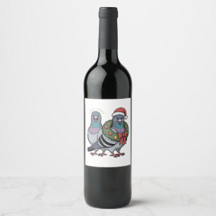 Funny Christmas Pigeons Holiday Birds Wine Label