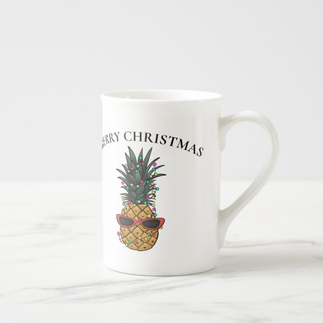 Funny Christmas Pineapple with String Lights Bone China Mug (Right)