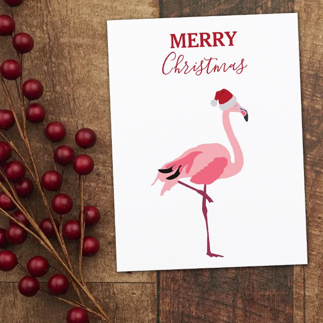 Funny Christmas Pink Flamingo Bird with Santa Hat  Holiday Postcard (Creator Uploaded)