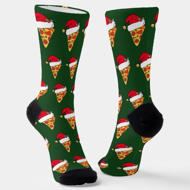 Funny Christmas Pizza Slices in Santa Hats Green Socks (Angled)
