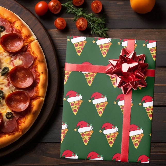 Funny Christmas Pizza Slices in Santa Hats Green Wrapping Paper (Creator Uploaded)