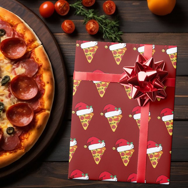 Funny Christmas Pizza Slices in Santa Hats Red Wrapping Paper (Creator Uploaded)