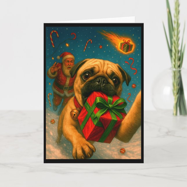 Funny Christmas Pug Shirt - Selfie With Santa Xmas Card (Front)