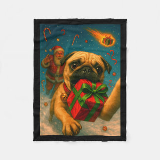 Funny Christmas Pug Shirt - Selfie With Santa Xmas Fleece Blanket