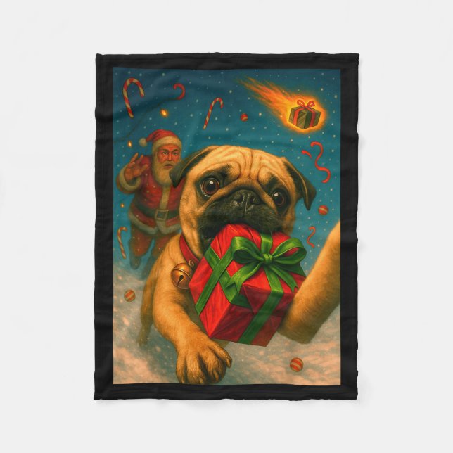 Funny Christmas Pug Shirt - Selfie With Santa Xmas Fleece Blanket (Front)