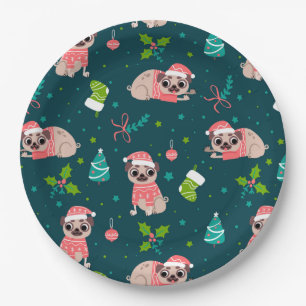 Funny Christmas Pugs Paper Plate