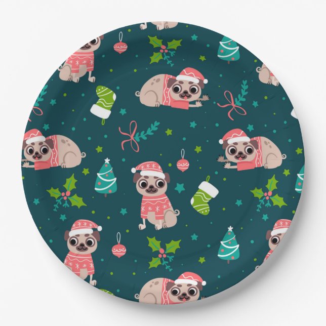 Funny Christmas Pugs Paper Plate (Front)
