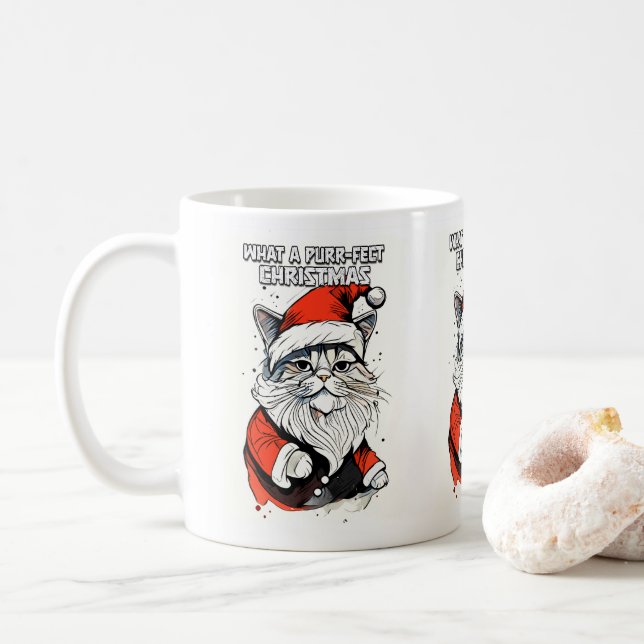 Funny Christmas Quote Cute Whimsical Santa Cat Coffee Mug (With Donut)