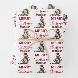 Funny Christmas Raccoon Santa Hat Xmas Lights  Wrapping Paper Sheet