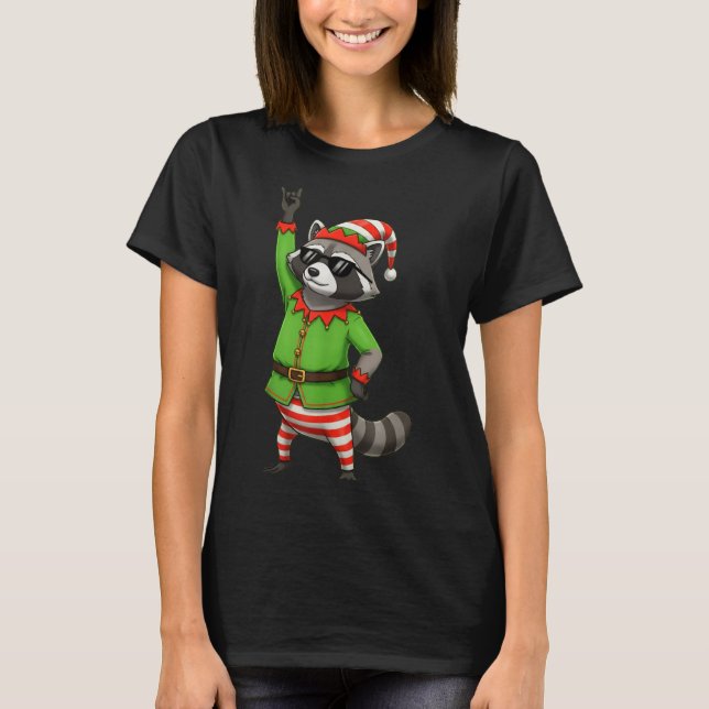 Funny Christmas Racoon Dressed As Elf With Sungle T-Shirt (Front)