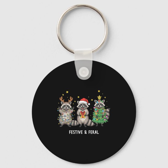 Funny Christmas Racoon - Feral But Festive  Key Ring (Front)