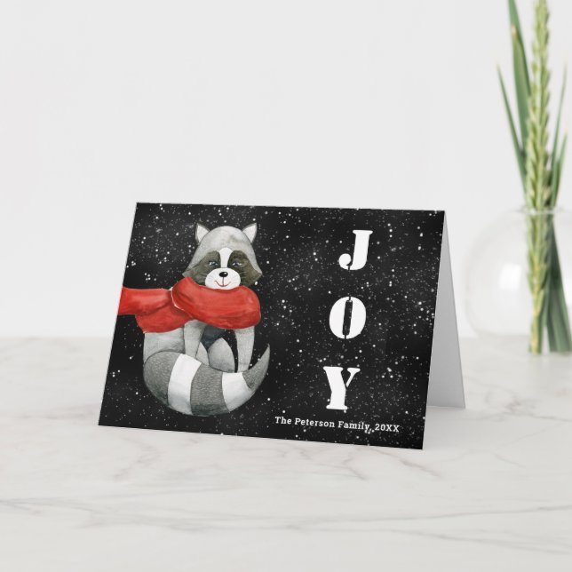 Funny Christmas Racoon | Joy Black Holiday Cards  (Front)