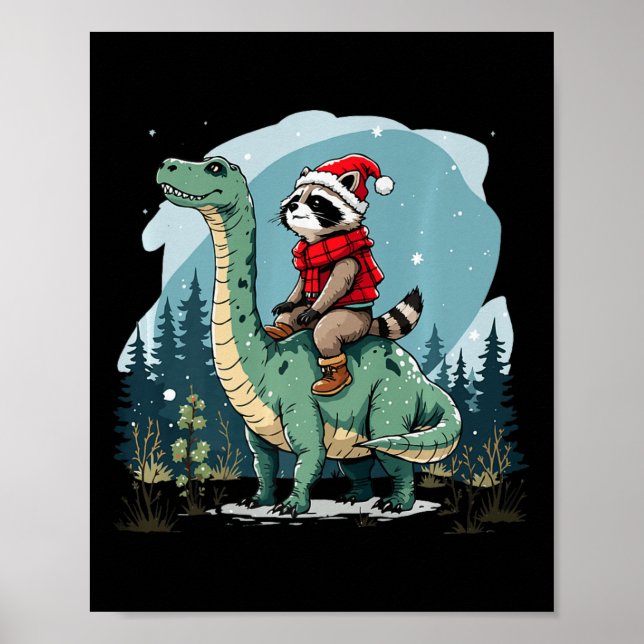 Funny Christmas Racoon Riding Dinosaur Trex Anima Poster (Front)