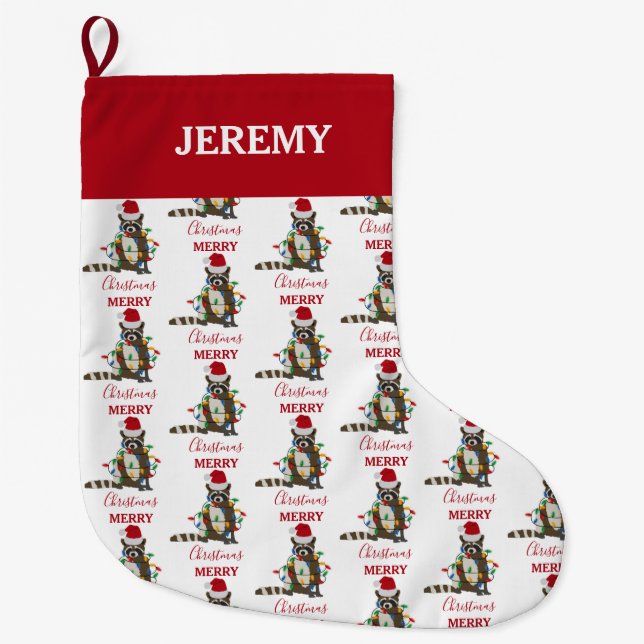 Funny Christmas Racoon Santa Hat Xmas Lights Large Christmas Stocking (Front)