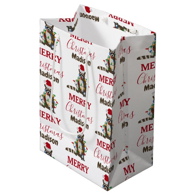Funny Christmas Racoon Santa Hat Xmas Lights    Medium Gift Bag (Front Angled)