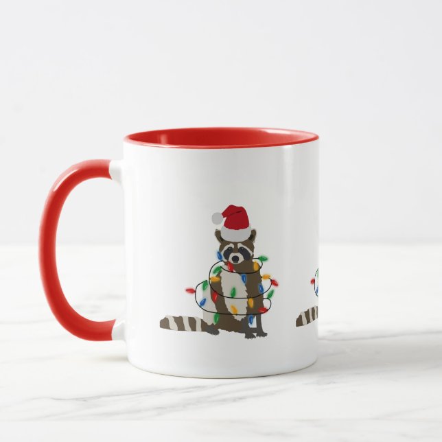 Funny Christmas Racoon Santa Hat Xmas Lights Mug (Left)