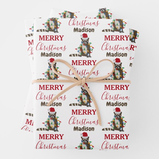 Funny Christmas Racoon Santa Hat Xmas Lights  Wrapping Paper Sheet (In situ)