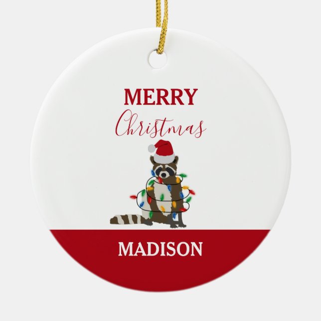 Funny Christmas Racoon Santa Hat Xmas Lights Xmas Ceramic Tree Decoration (Front)