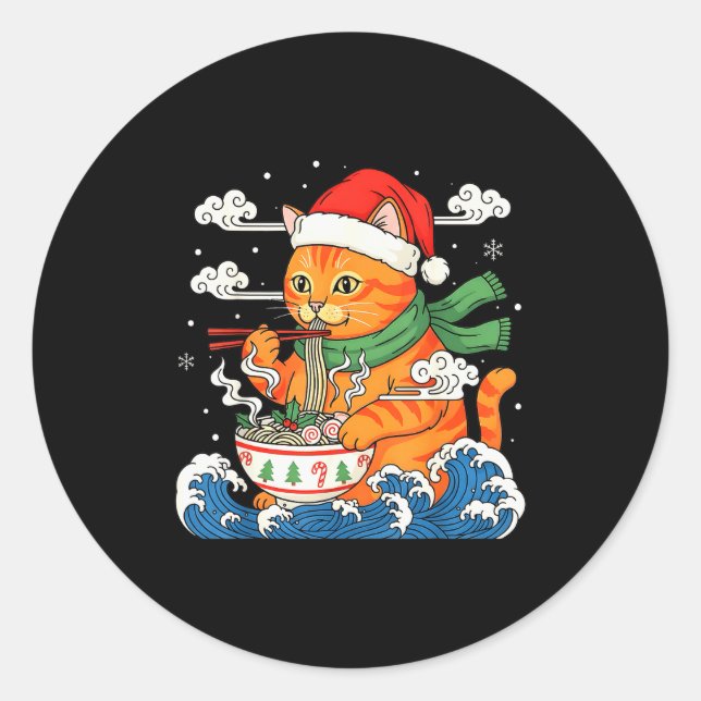 Funny Christmas Ramen Cat Eating Noodles Japanese  Classic Round Sticker (Front)
