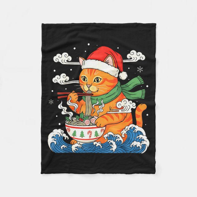 Funny Christmas Ramen Cat Eating Noodles Japanese  Fleece Blanket (Front)