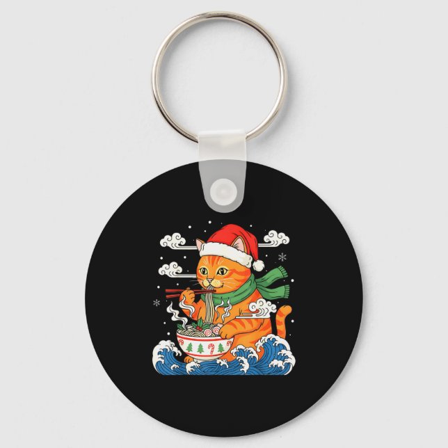 Funny Christmas Ramen Cat Eating Noodles Japanese  Key Ring (Front)