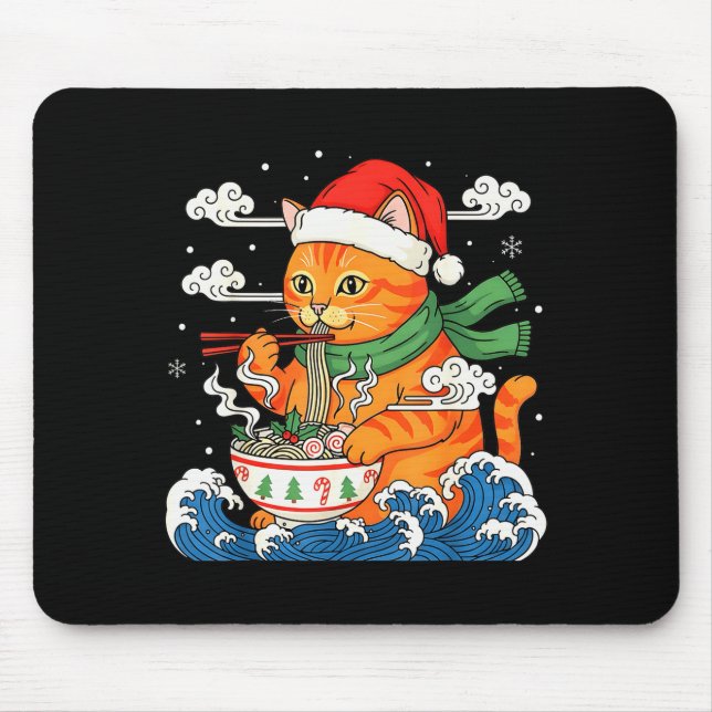 Funny Christmas Ramen Cat Eating Noodles Japanese  Mouse Mat (Front)