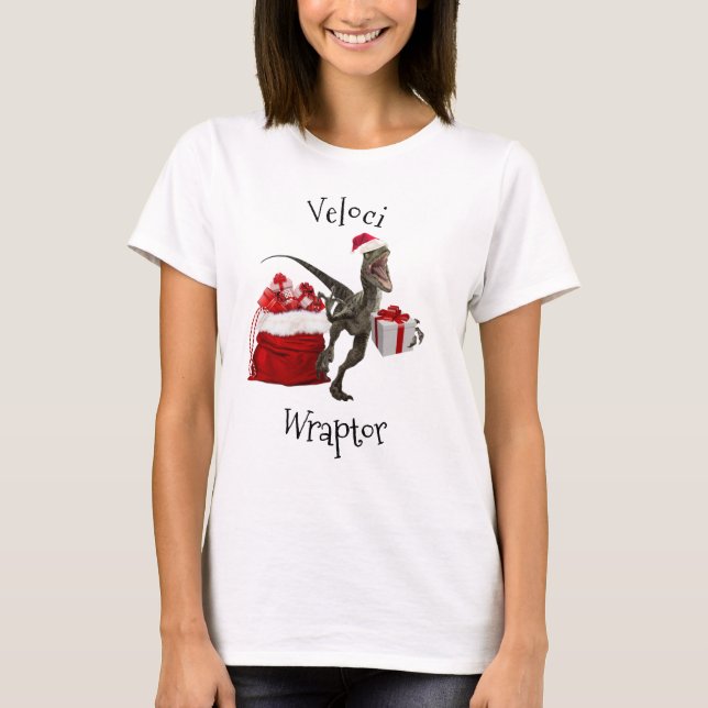 Funny Christmas Raptor Wrapping Dinosaur T-Shirt (Front)