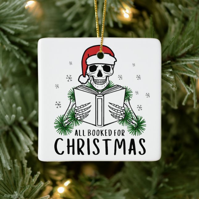 Funny Christmas Reading Skeleton Book Lover Gift Ceramic Ornament (Tree)