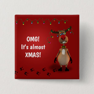 Funny Christmas Red Nosed Reindeer 15 Cm Square Badge