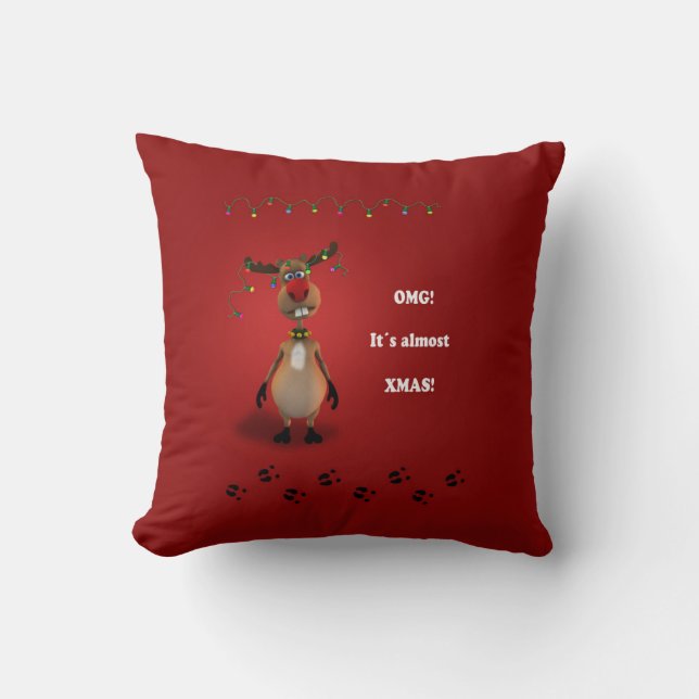 Funny Christmas Red Nosed Reindeer Cushion (Front)