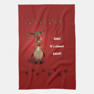 Funny Christmas Red Nosed Reindeer Tea Towel