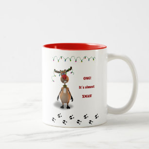 Funny Christmas Red Nosed Reindeer Two-Tone Coffee Mug