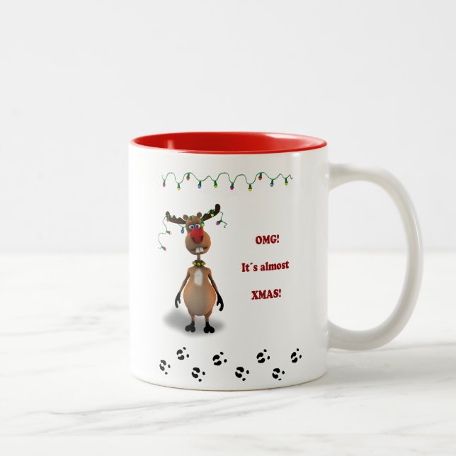 Funny Christmas Red Nosed Reindeer Two-Tone Coffee Mug (Right)