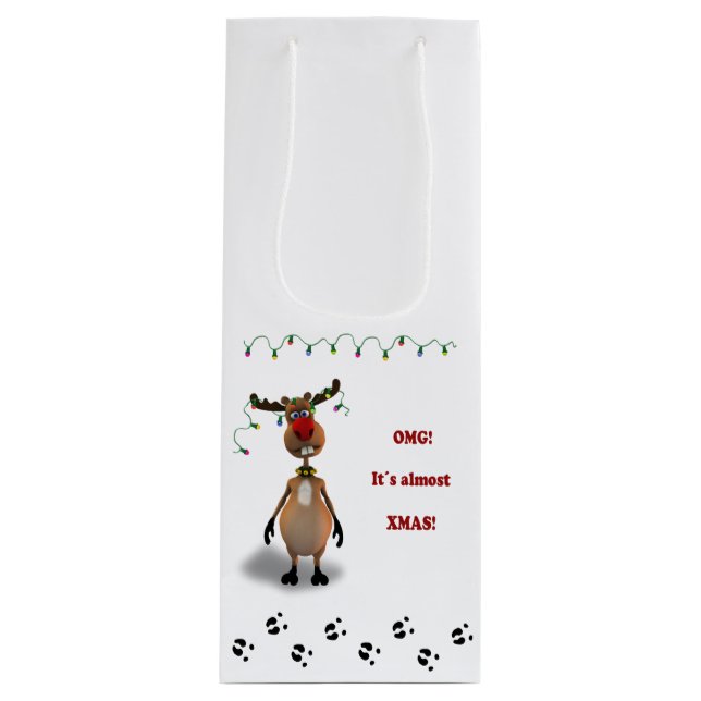 Funny Christmas Red Nosed Reindeer Wine Gift Bag (Front)