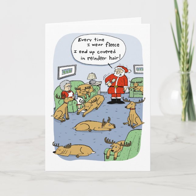 Funny Christmas Reindeer Cartoon - Fleece Navidad Holiday Card (Front)
