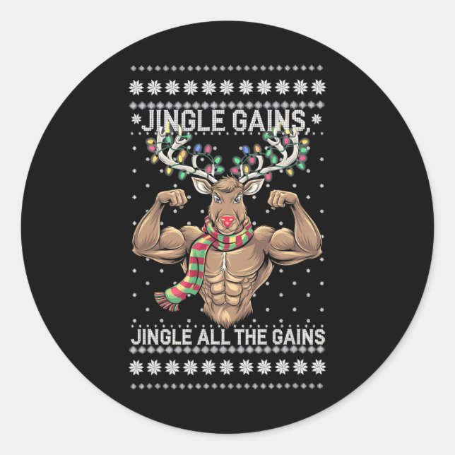 Funny Christmas Reindeer Gym Workout Jingle All Th Classic Round Sticker (Front)