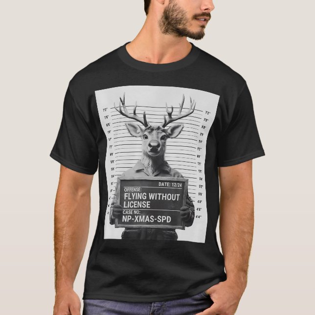 Funny Christmas Reindeer Mugshot T-Shirt (Front)