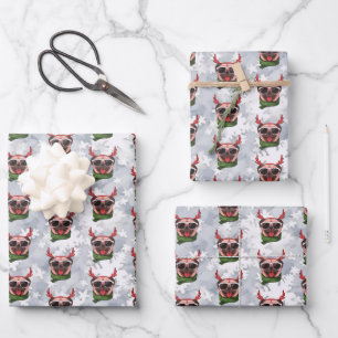 Funny Christmas Reindeer Pug  Wearing A Scarf Wrapping Paper Sheet