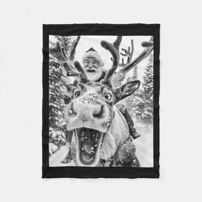 Funny Christmas Reindeer Selfie Santa Claus Xmas S Fleece Blanket (Front)