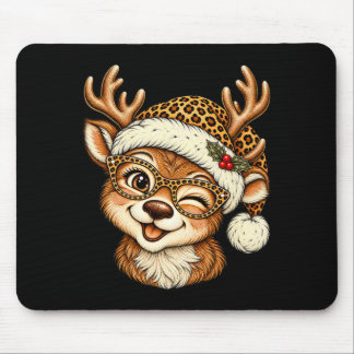 Funny Christmas Reindeer With Leopard Santa Hat Mouse Mat