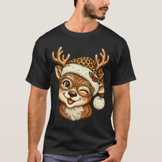 Funny Christmas Reindeer With Leopard Santa Hat T-Shirt