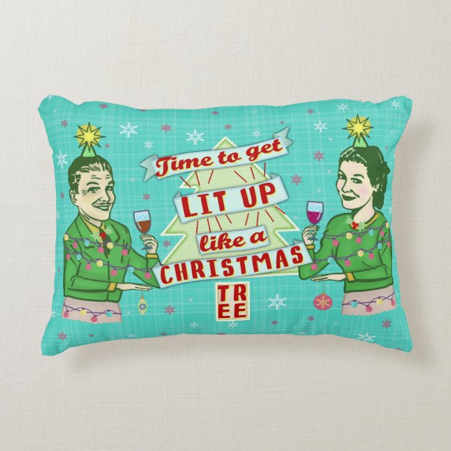 Funny Christmas Retro Drinking Humour Couple Lit Decorative Cushion (Front)