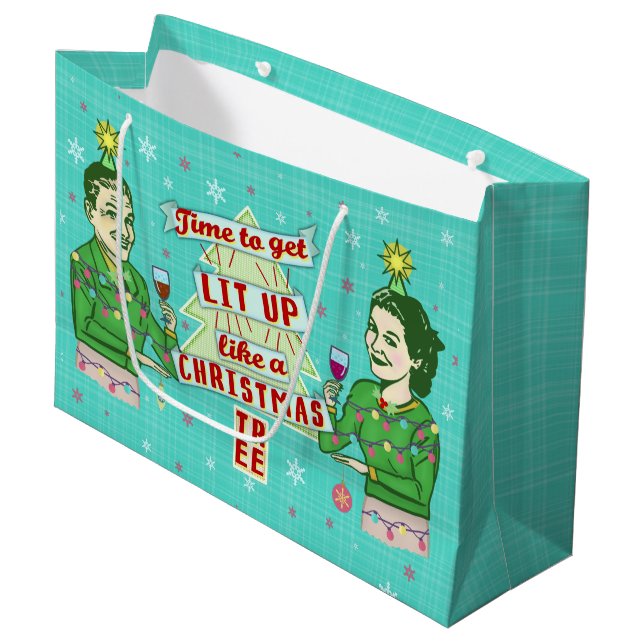 Funny Christmas Retro Drinking Humour Couple Lit Large Gift Bag (Front Angled)