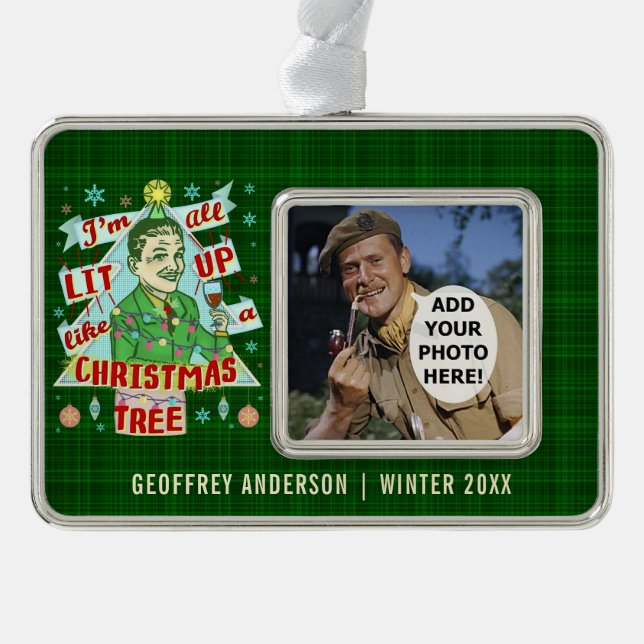 Funny Christmas Retro Drinking Humour Man Lit Up Silver Plated Framed Ornament (Front)