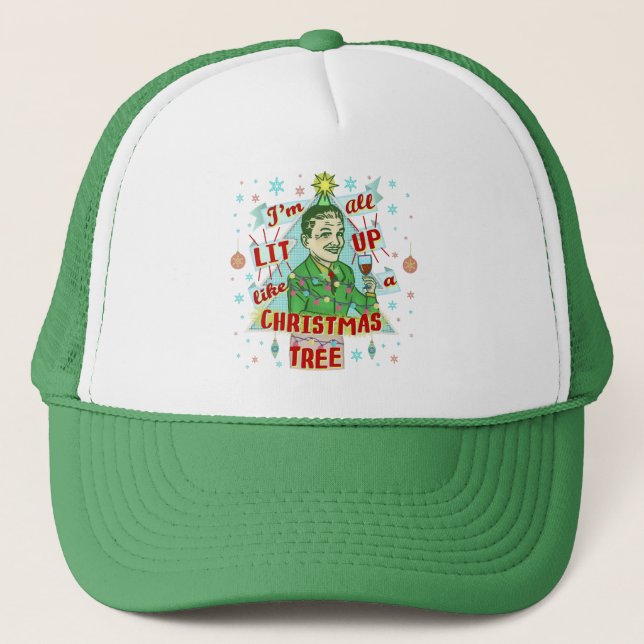 Funny Christmas Retro Drinking Humour Man Lit Up Trucker Hat (Front)