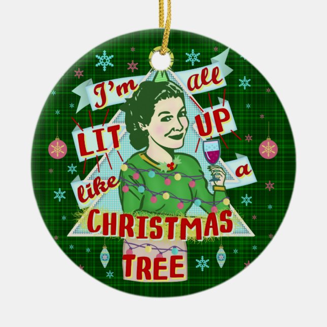 Funny Christmas Retro Drinking Humour Woman Lit Up Ceramic Tree Decoration (Front)