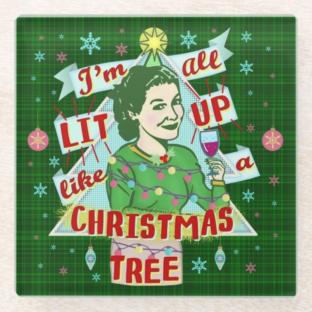 Funny Christmas Retro Drinking Humour Woman Lit Up Glass Coaster (Front)
