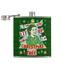 Funny Christmas Retro Drinking Humour Woman Lit Up Hip Flask