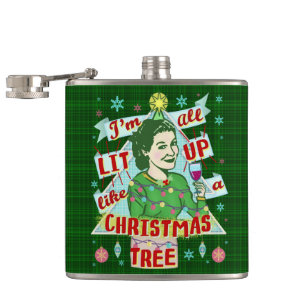 Funny Christmas Retro Drinking Humour Woman Lit Up Hip Flask