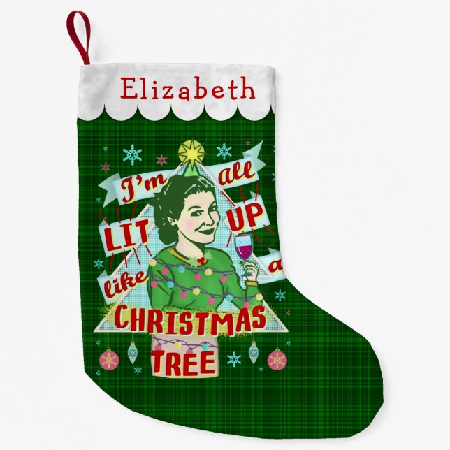 Funny Christmas Retro Drinking Humour Woman Lit Up Small Christmas Stocking (Front)